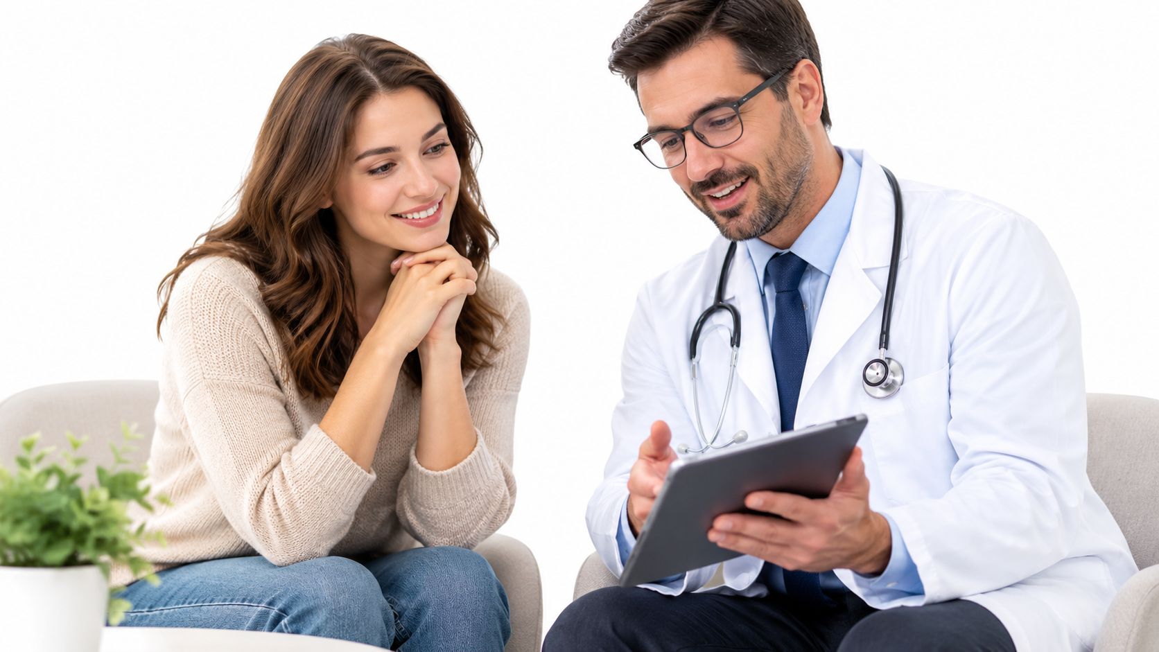 A friendly male doctor wearing a white coat explains medical information on a tablet to a patient.