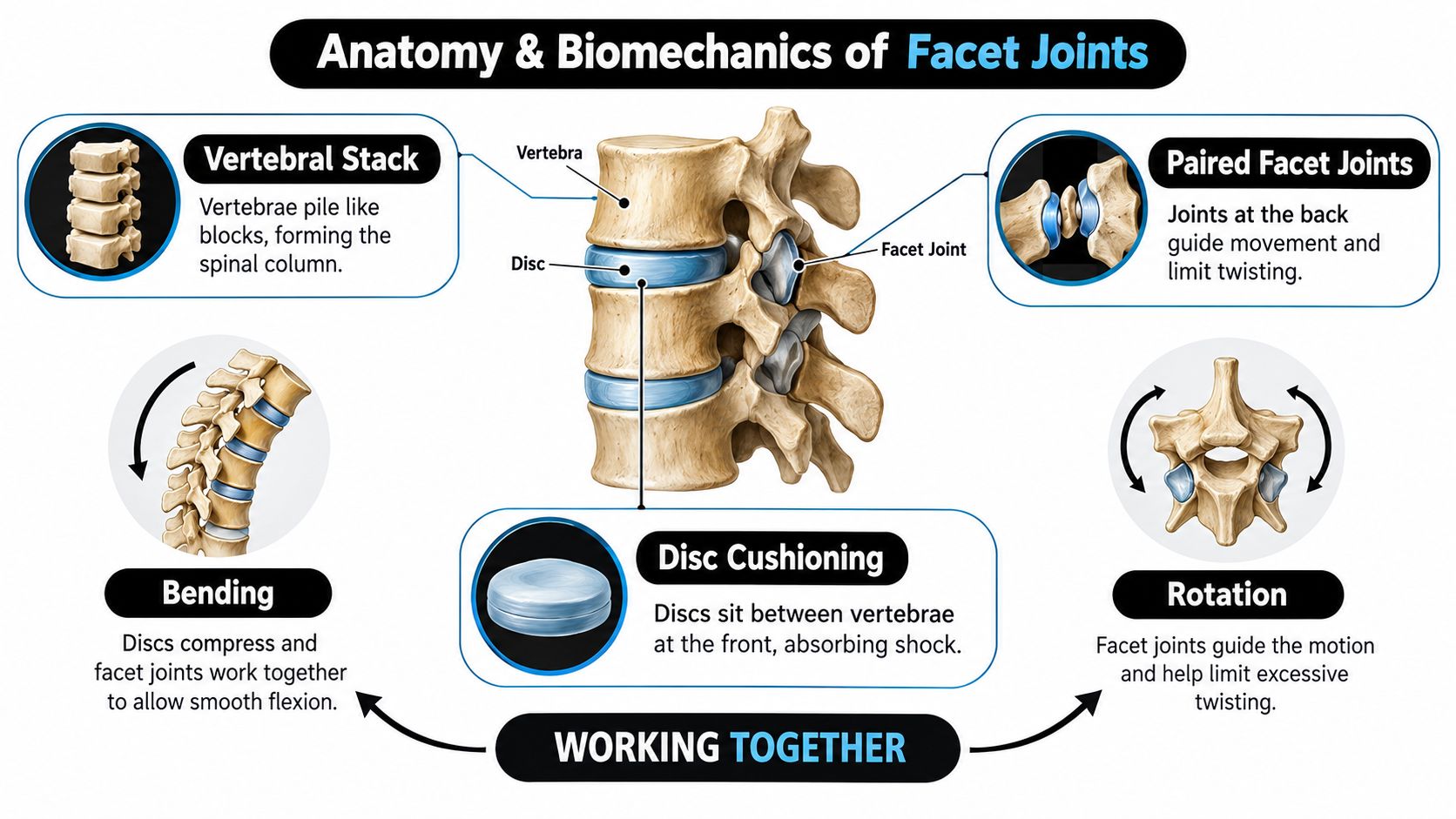 An educational diagram explaining the anatomy and biomechanics of the vertebral stack, facet joints, and spinal discs.