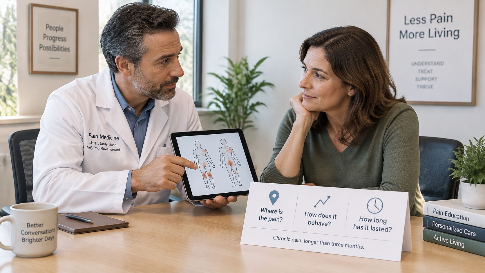 A doctor in a white coat discusses pain management with a patient while displaying a body diagram.