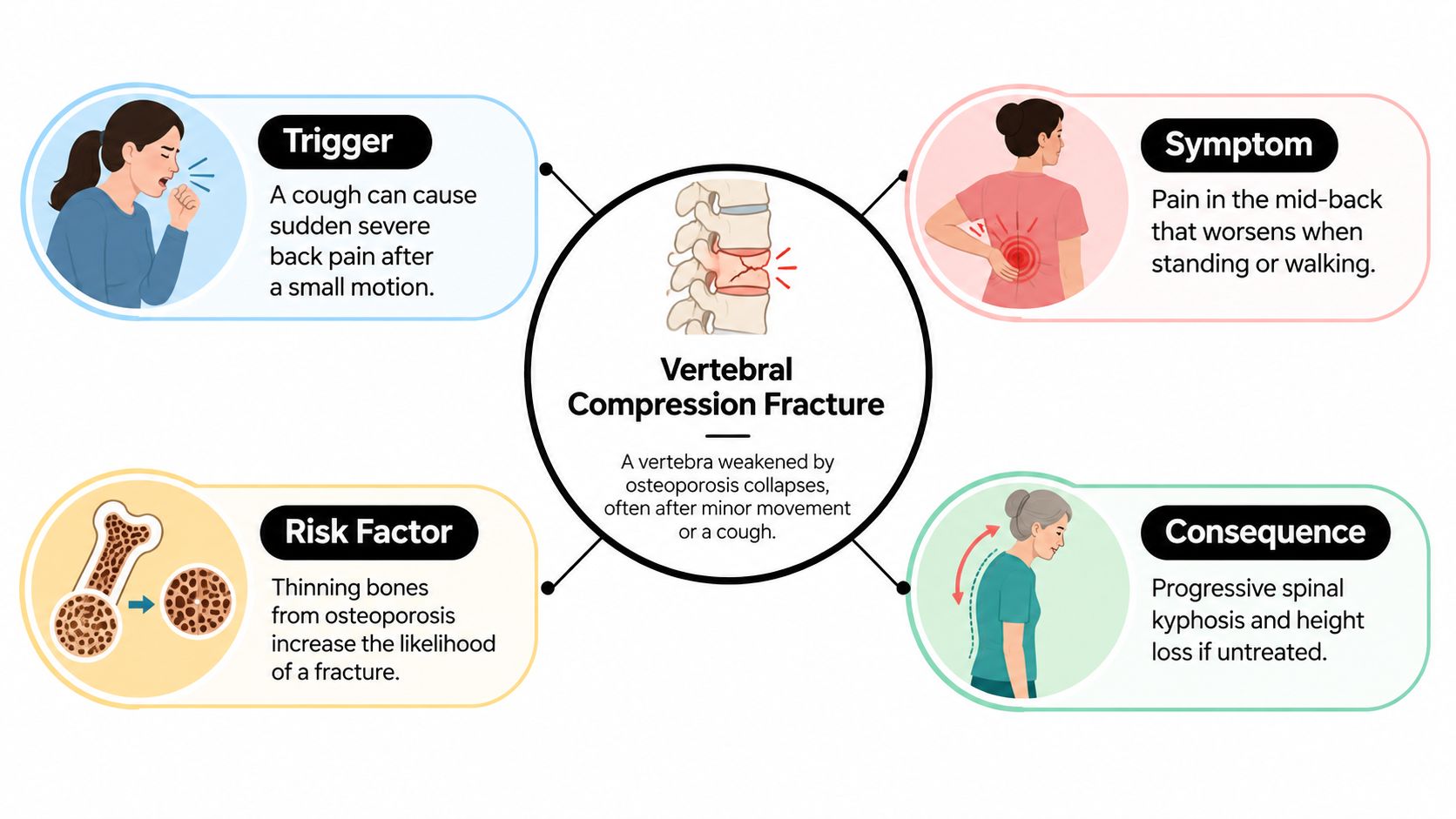 what is vertebroplasty and kyphoplasty vertebral fracture Vertebroplasty injects bone cement into a fractured vertebra to stabilize it and relieve pain, while kyphoplasty adds a balloon step before cement placement to potentially restore vertebral height and reduce leakage. In pooled case-series data, cement extravasation occurred in approximately 41% of vertebroplasty cases compared with 9% of kyphoplasty cases. What Is Vertebroplasty and Kyphoplasty: A Patient's Guide An infographic showing that vertebral compression fractures caused by osteoporosis lead to pain and spinal kyphosis.